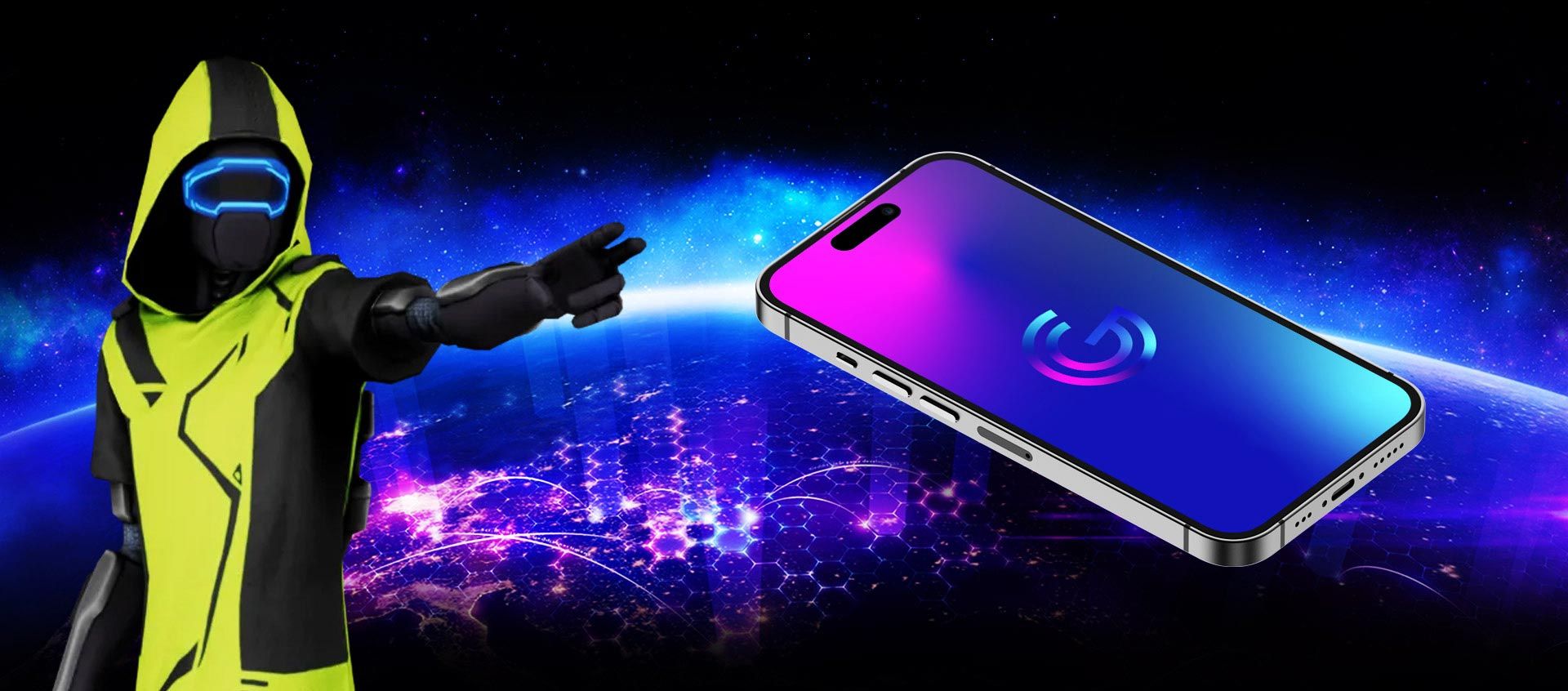 a futuristic hooded man points at a phone with a futuristic planet in the background.